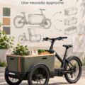 Vélo cargo moderne en ville, adapté à la mobilité urbaine.