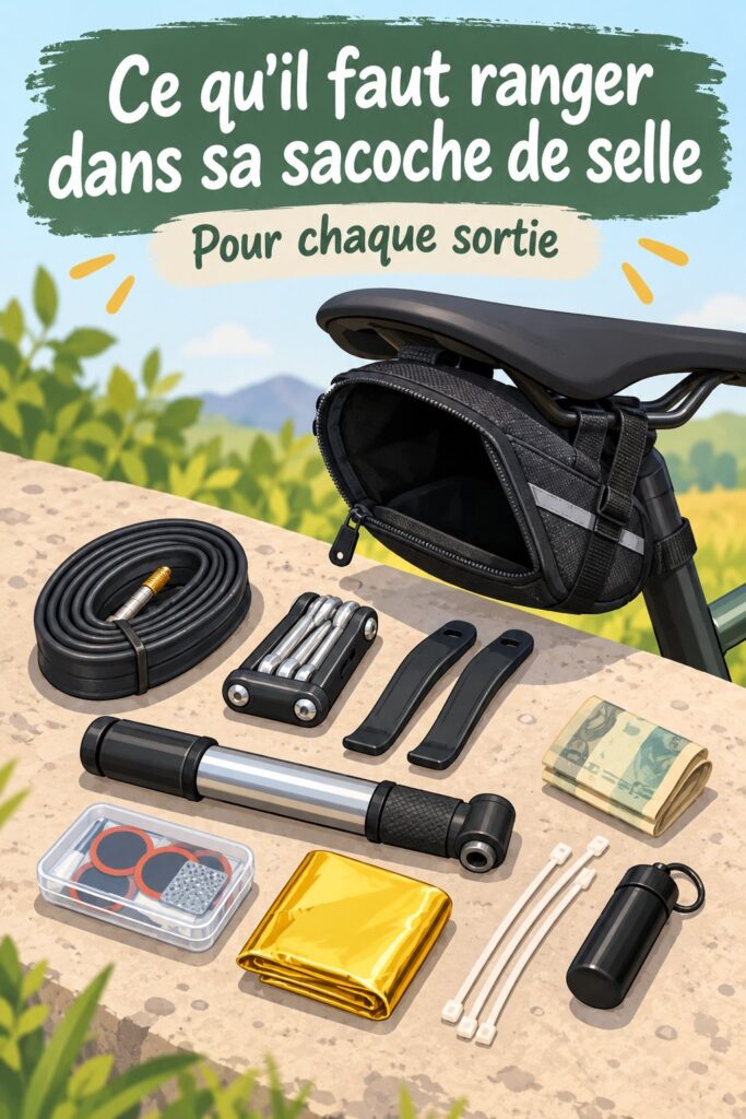 Un sac de selle de vélo bien équipé avec des outils et accessoires utiles pour les cyclistes.