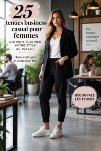 Femme en tenue business casual élégante avec un blazer et un pantalon, prête pour le travail.
