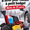 À l'intérieur d'une voiture en hiver, avec des accessoires de sécurité et confort bien visibles.