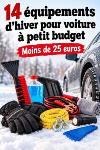 À l'intérieur d'une voiture en hiver, avec des accessoires de sécurité et confort bien visibles.