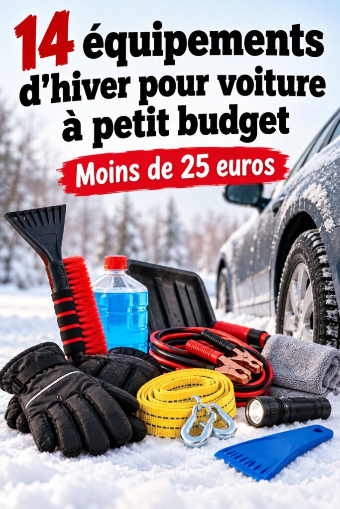 À l'intérieur d'une voiture en hiver, avec des accessoires de sécurité et confort bien visibles.
