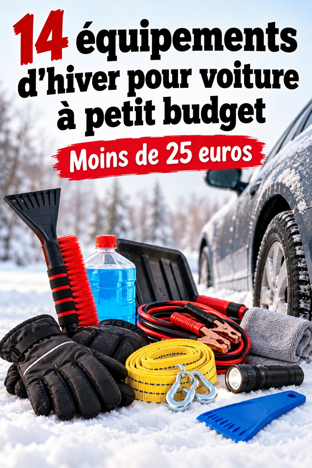 À l'intérieur d'une voiture en hiver, avec des accessoires de sécurité et confort bien visibles.