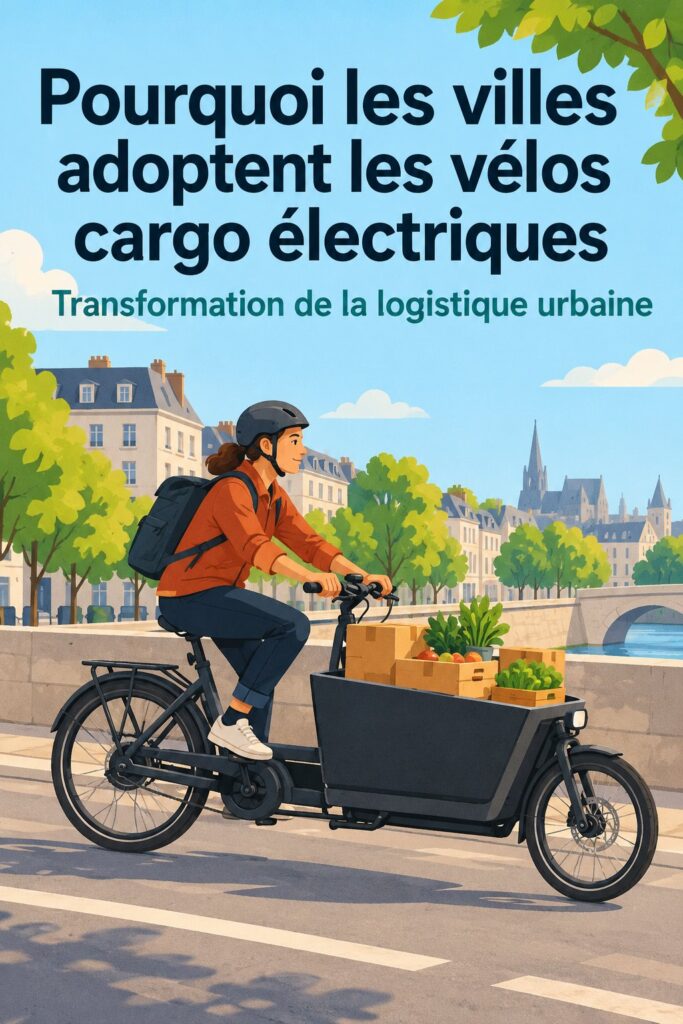 Un vélo cargo électrique en milieu urbain, prêt pour une livraison durable.