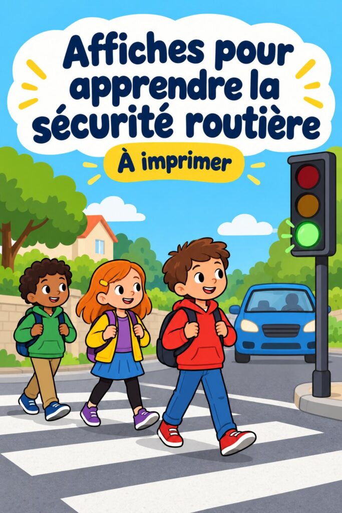 Affiche colorée sur la sécurité piétonne en milieu urbain.