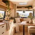 Un camping-car aménagé dans un style japandi avec des lignes épurées et des matériaux naturels.