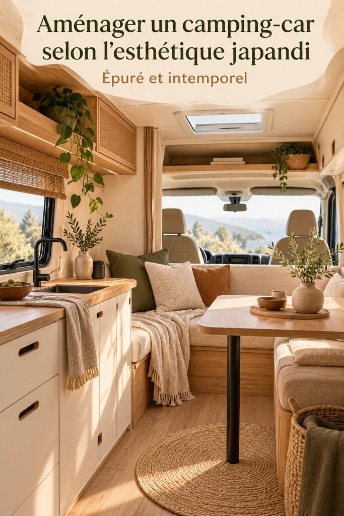 Un camping-car aménagé dans un style japandi avec des lignes épurées et des matériaux naturels.