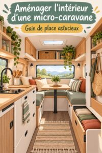 Aménagement intérieur d'une tiny house avec des couleurs douces et des meubles pratiques.