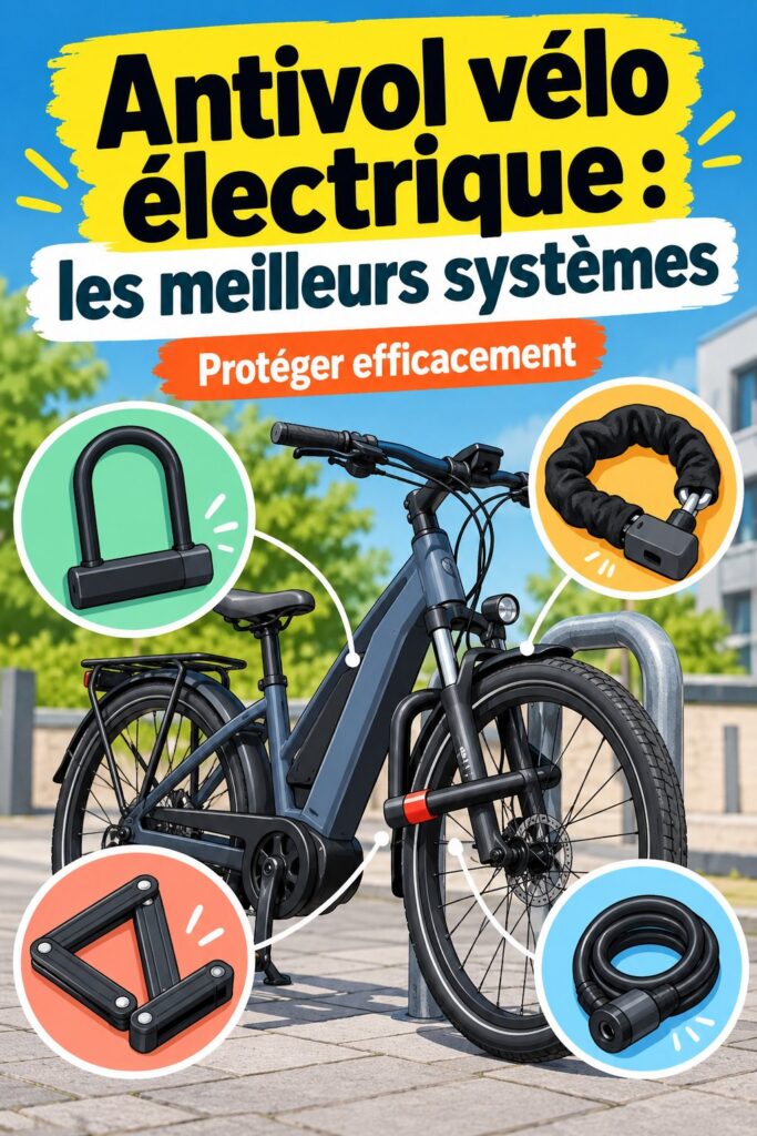Antivol pour vélo électrique bien visible dans un environnement urbain.