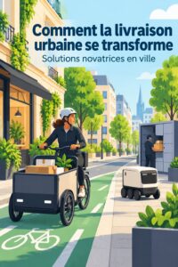 Illustration mettant en avant divers moyens de livraison urbaine écoresponsables tels que des vélos et des scooters électriques.