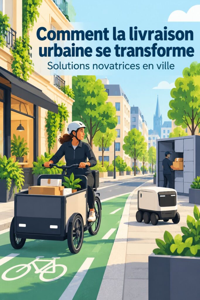 Illustration mettant en avant divers moyens de livraison urbaine écoresponsables tels que des vélos et des scooters électriques.