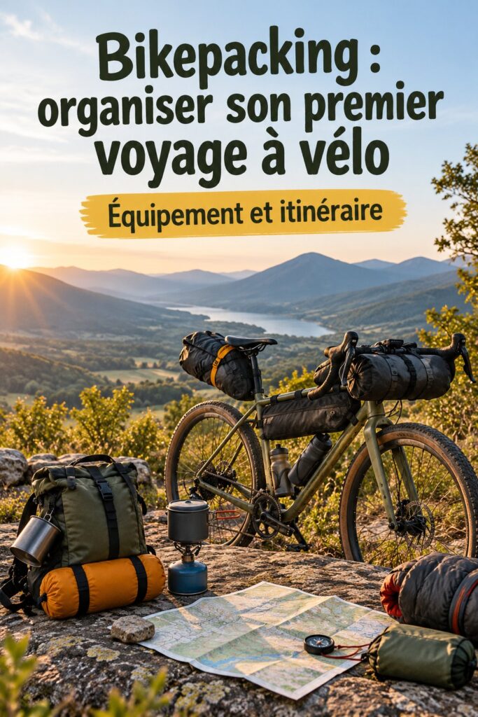 Femme souriante préparant son équipement de bikepacking pour un voyage à vélo