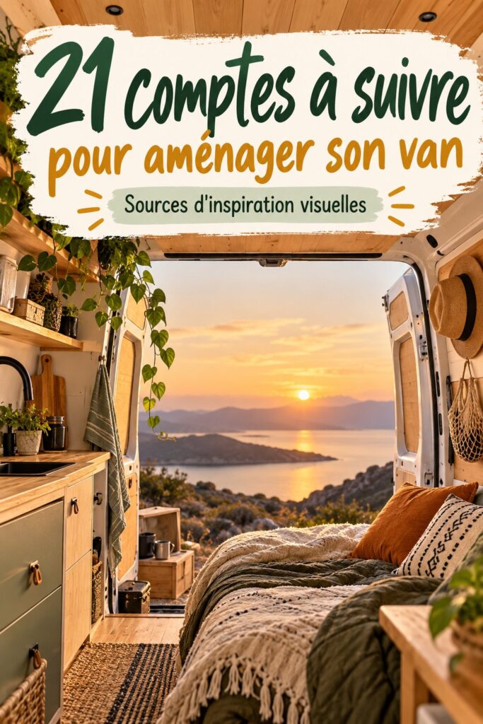Un van aménagé à la décoration chaleureuse et moderne, entouré de nature.