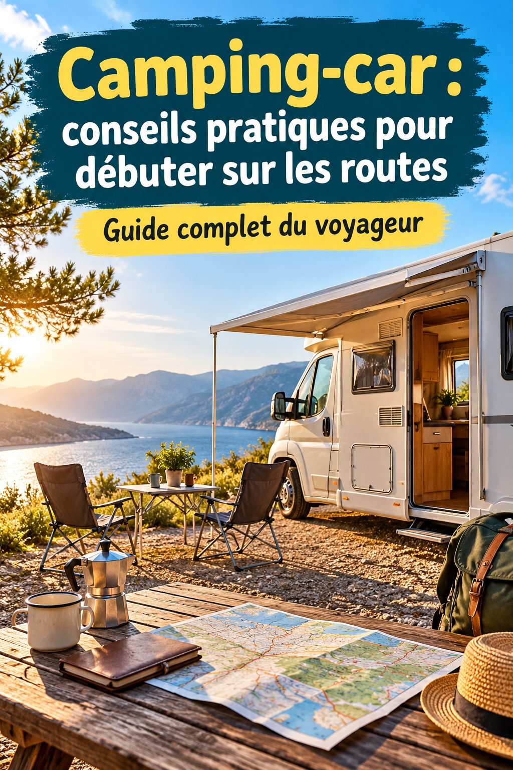 Un camping-car garé au bord d'un lac, parfait pour une aventure en pleine nature.