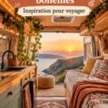 Intérieur d'un van aménagé dans un style bohème, chaleureux et accueillant.