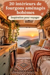 Intérieur d'un van aménagé dans un style bohème, chaleureux et accueillant.
