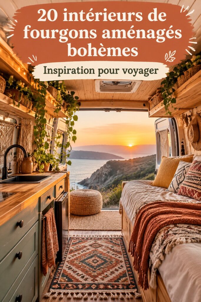 Intérieur d'un van aménagé dans un style bohème, chaleureux et accueillant.