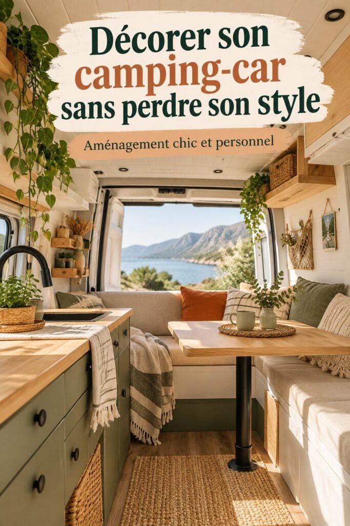 Intérieur d'un van décoré de manière chic avec des éléments stylés et fonctionnels.