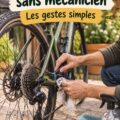 Femme réparant son vélo en extérieur, outils de réparation à portée de main.