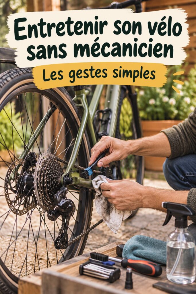 Femme réparant son vélo en extérieur, outils de réparation à portée de main.