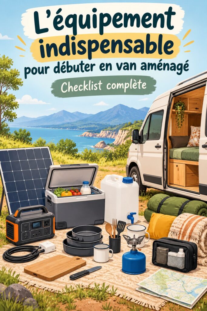 Van aménagé sur une route, avec un équipement pratique et confortable à l'intérieur.