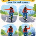 Femme à vélo signalant un tournant avec le bras en l'air.