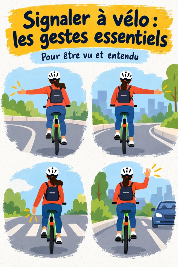 Femme à vélo signalant un tournant avec le bras en l'air.