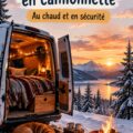 Un van aménagé prêt pour l'hiver, avec des décorations chaleureuses et un paysage enneigé en arrière-plan.