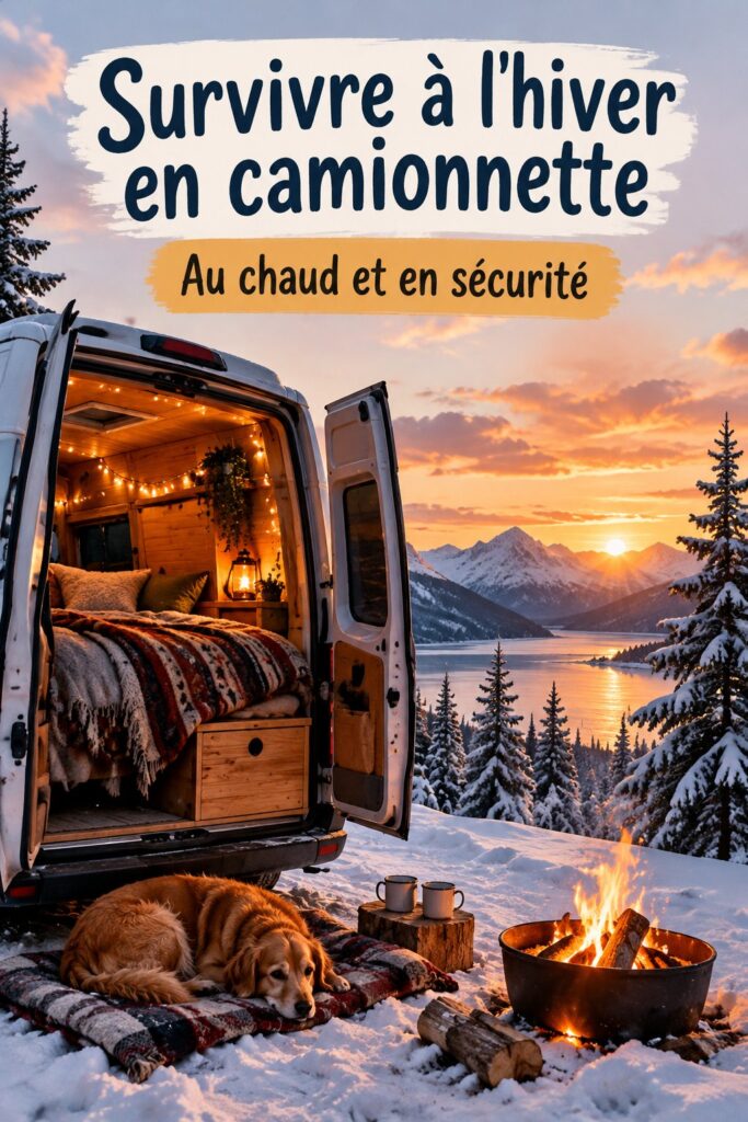 Un van aménagé prêt pour l'hiver, avec des décorations chaleureuses et un paysage enneigé en arrière-plan.