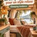 Intérieur boho accueillant d'un camping-car avec des plantes et des textiles colorés.