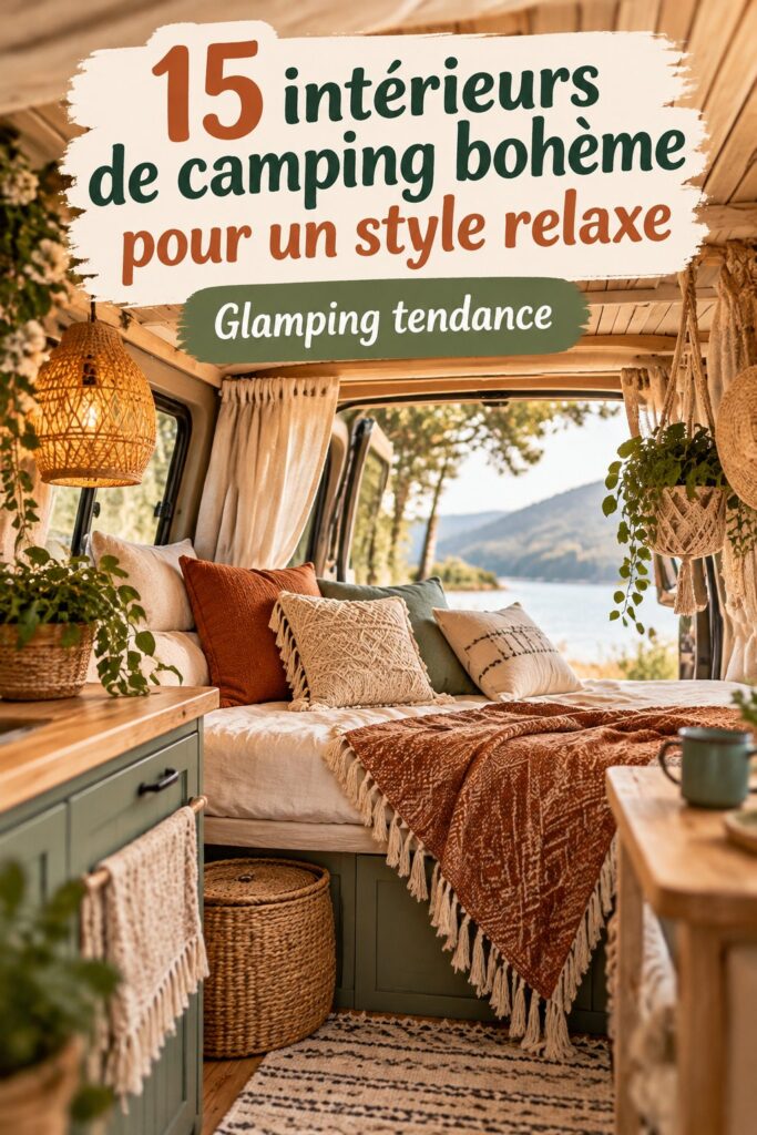Intérieur boho accueillant d'un camping-car avec des plantes et des textiles colorés.