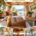 Intérieur stylé d'un VW Combi aménagé avec goût, montrant des éléments de décoration cosy.