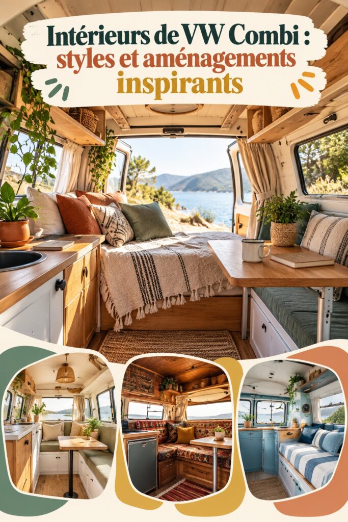 Intérieur stylé d'un VW Combi aménagé avec goût, montrant des éléments de décoration cosy.