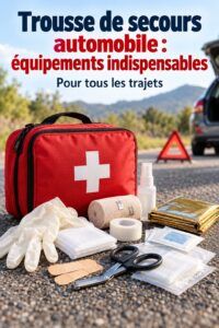 Kit d'urgence auto avec des fournitures essentielles sur un fond de voiture.