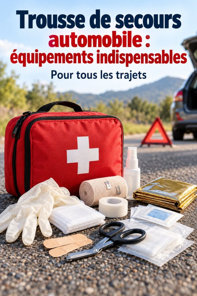 Kit d'urgence auto avec des fournitures essentielles sur un fond de voiture.