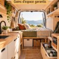 Un petit van aménagé pour la vie quotidienne avec des couleurs chaleureuses et un espace organisé.