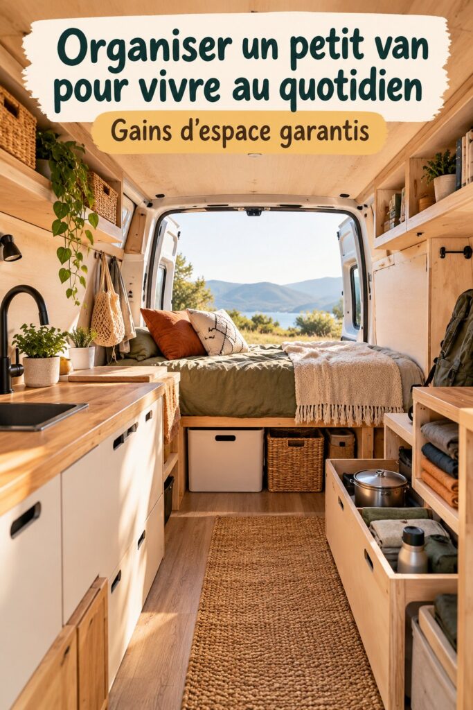Un petit van aménagé pour la vie quotidienne avec des couleurs chaleureuses et un espace organisé.