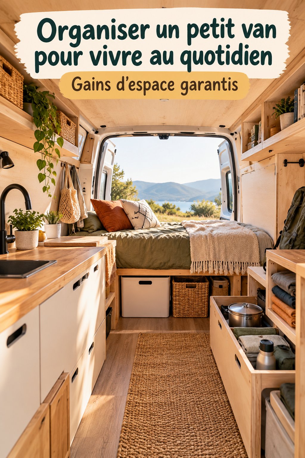 Un petit van aménagé pour la vie quotidienne avec des couleurs chaleureuses et un espace organisé.