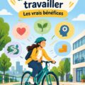 Femme souriante en train de se rendre au travail à bicyclette, illustrant le plaisir de la mobilité douce.