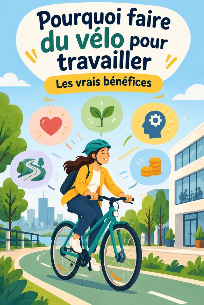 Femme souriante en train de se rendre au travail à bicyclette, illustrant le plaisir de la mobilité douce.