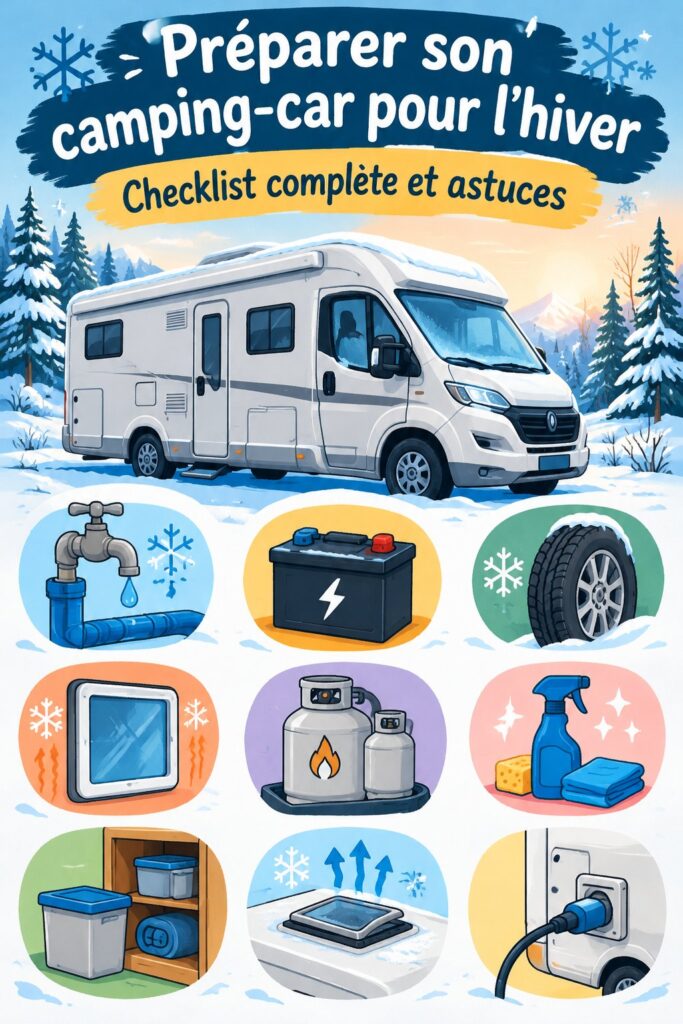 Camping-car préparé pour l'hiver à l'extérieur, bien protégé contre le froid.