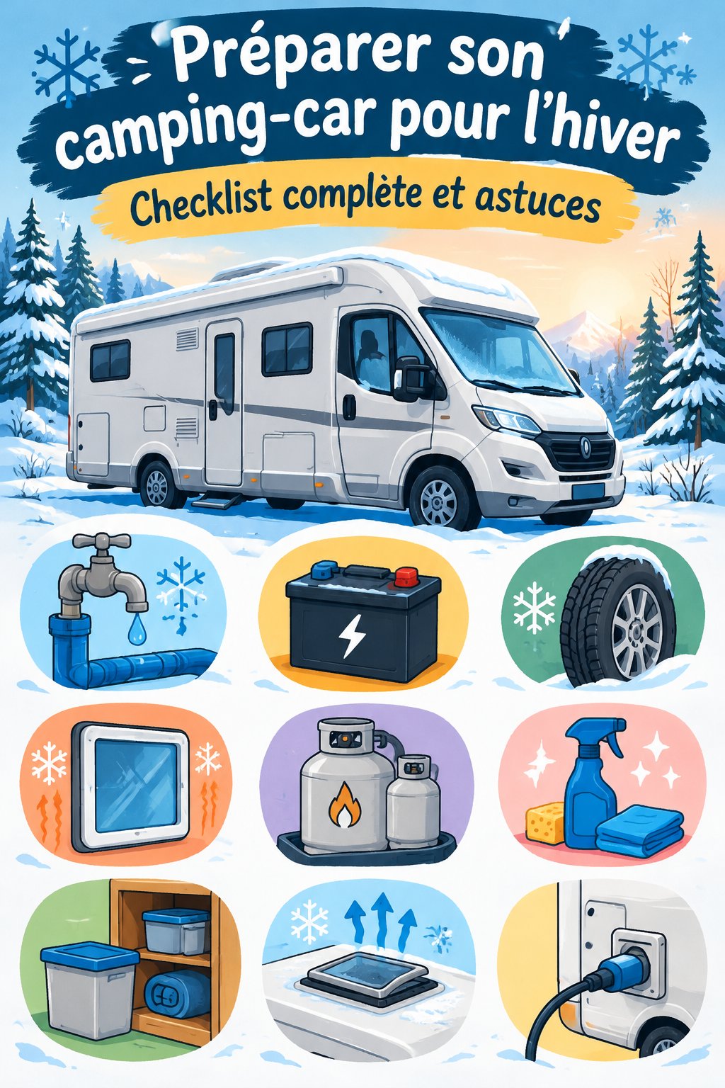 Camping-car préparé pour l'hiver à l'extérieur, bien protégé contre le froid.