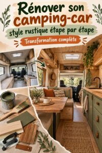 Camping-car rénové dans un style rustique avec un intérieur chaleureux.