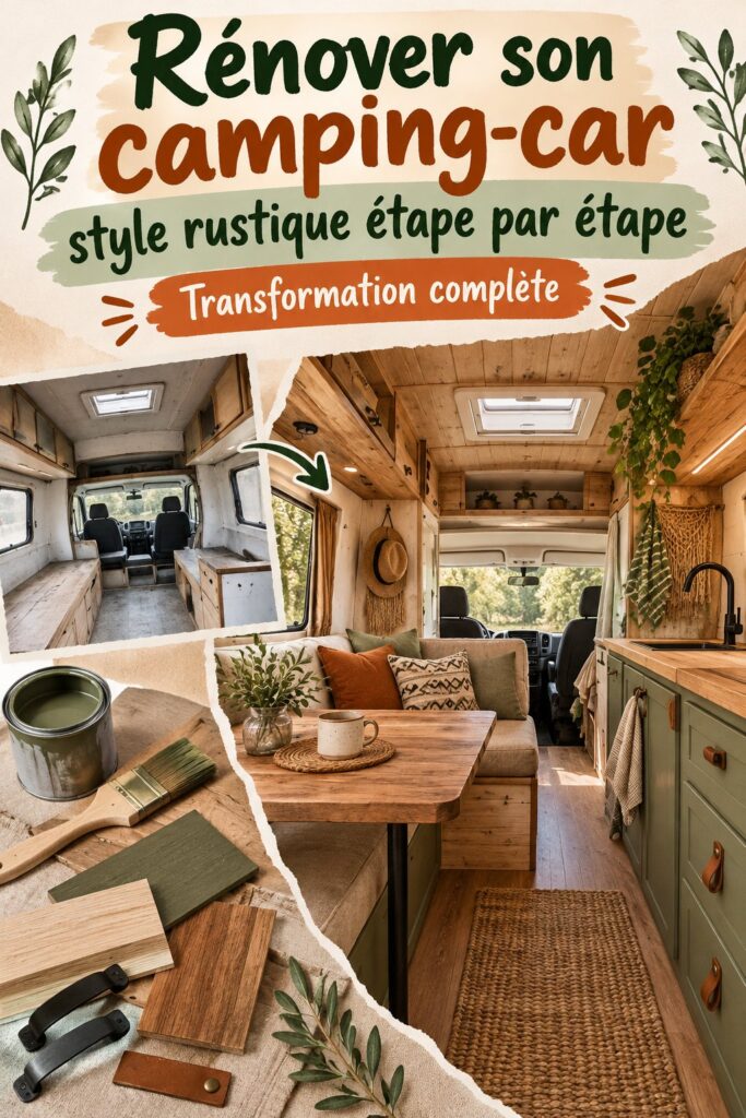 Camping-car rénové dans un style rustique avec un intérieur chaleureux.