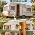 Un intérieur de caravane rénové avec des couleurs vives et un ameublement confortable, représentant le style chaleureux d'une rénovation réussie.