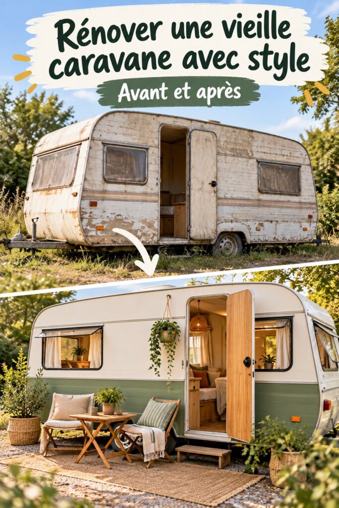 Un intérieur de caravane rénové avec des couleurs vives et un ameublement confortable, représentant le style chaleureux d'une rénovation réussie.