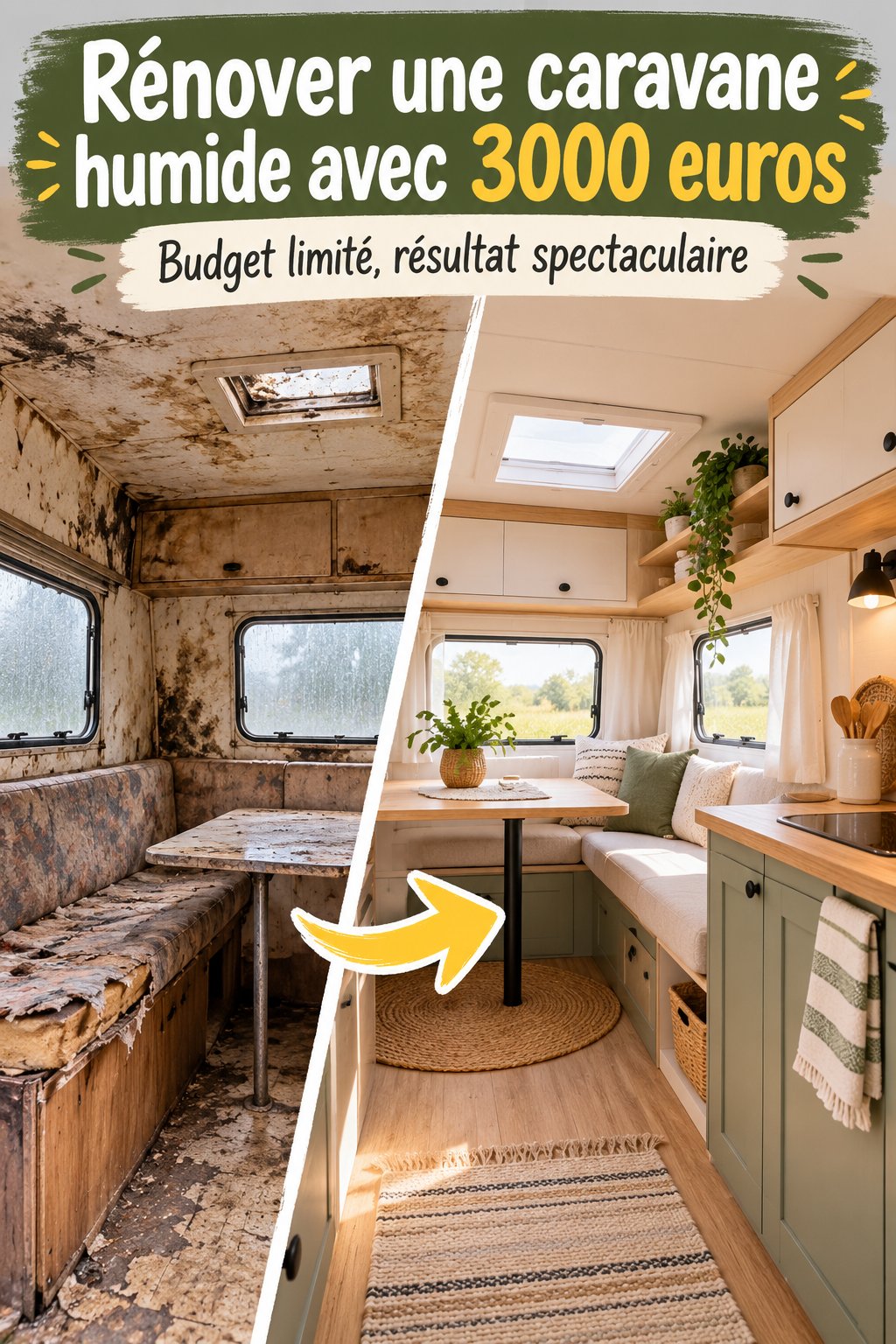 Une caravane rénovée avec un espace intérieur lumineux et accueillant, représentant un projet à moins de 3000 euros.