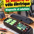 Femme vérifiant la batterie d'un vélo électrique dans un garage.