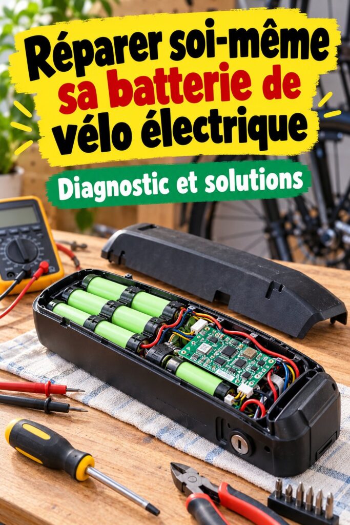 Femme vérifiant la batterie d'un vélo électrique dans un garage.