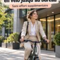 Femme élégante se rendant au bureau à vélo, vêtue d'une tenue chic